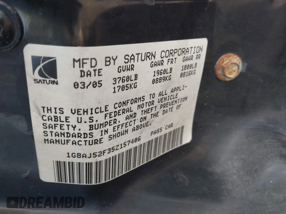 2005 Saturn ION ION 2 z VIN 1G8AJ52F35Z157406, wystawiony jako IAAI lot #41864087 z przebiegiem 138 001 mil mil oraz . Historia ofert i sprzedaży dostępna na DreamBid. Obrazek 9.