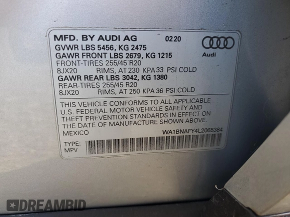 2020 Audi Q5 Premium Plus with VIN WA1BNAFY4L2065384, listed as a Copart auction lot 65642432 with 15,422 mi miles. Bid and sale history available at carsss.com. Image 10.