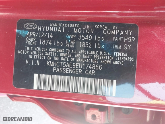 2014 Hyundai Accent GS with VIN KMHCT5AE9EU174866, listed as a IAAI auction lot 41948180 with 117,985 mi miles. Bid and sale history available at carsss.com. Image 9.