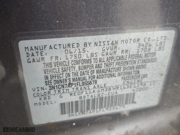 2015 Nissan Versa SV with VIN 3N1CN7AP1FL955679, listed as a Copart auction lot 47867555 with 112,301 mi miles and Salvage Title. Bid and sale history available at carsss.com. Image 14.
