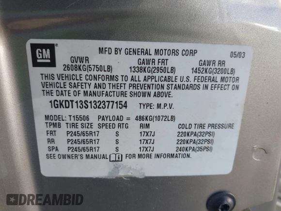 2003 GMC Envoy SLE with VIN 1GKDT13S132377154, listed as a IAAI auction lot 41484891 with 226,008 mi miles. Bid and sale history available at carsss.com. Image 9.
