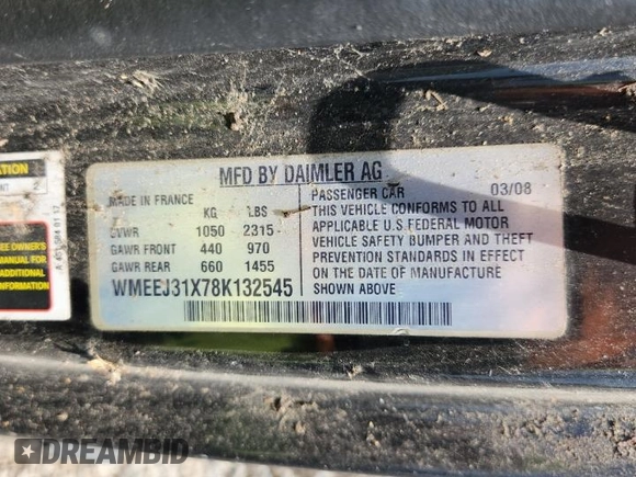 2008 Smart fortwo Pure with VIN WMEEJ31X78K132545, listed as a Copart auction lot 62884165 with Not provided miles and Clean title. Bid and sale history available at DreamBid. Image 12.