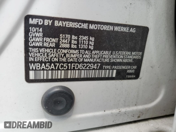 2015 BMW 5 Series 528i xDrive with VIN WBA5A7C51FD622947, listed as a Copart auction lot 63047135 with 189,938 mi miles and Salvage title. Bid and sale history available at DreamBid. Image 12.