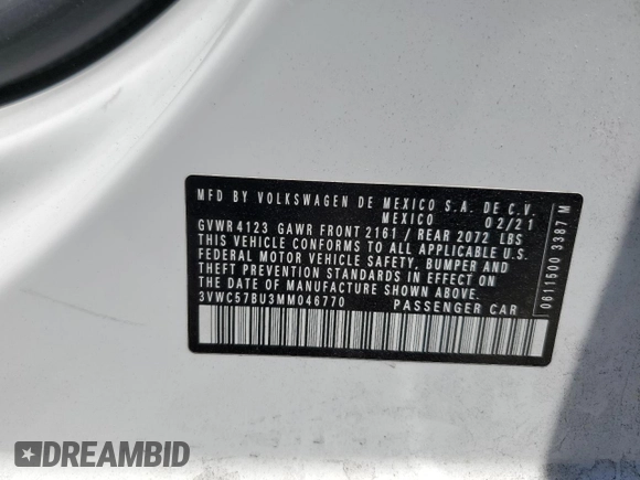 2021 Volkswagen Jetta S with VIN 3VWC57BU3MM046770, listed as a Copart auction lot 59229095 with 58,267 mi miles and Salvage title. Bid and sale history available at DreamBid. Image 12.