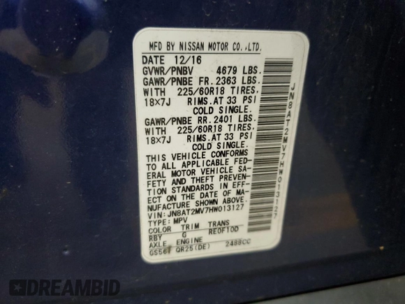 2017 Nissan Rogue SV z VIN JN8AT2MV7HW013127, wystawiony jako Copart lot #56920665 z przebiegiem 131 116 mil mil oraz Szkoda całkowita • Salvage title. Historia ofert i sprzedaży dostępna na DreamBid. Obrazek 13.
