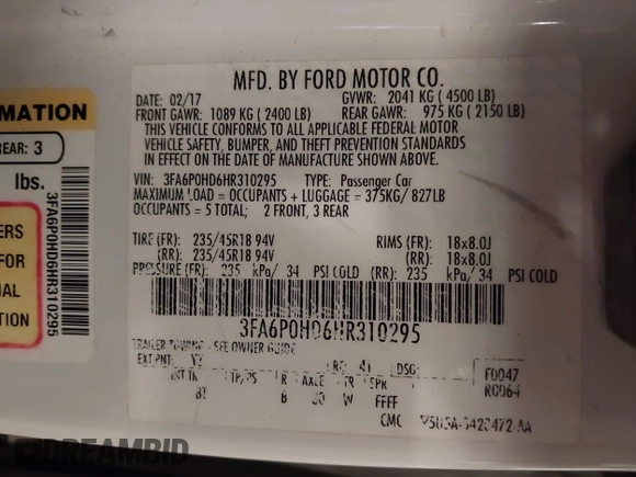 2017 Ford Fusion SE with VIN 3FA6P0HD6HR310295, listed as a IAAI auction lot 42590311 with 163,904 mi miles and . Bid and sale history available at DreamBid. Image 9.