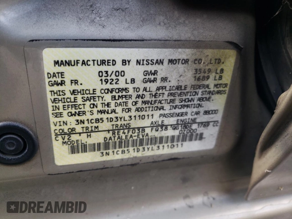 2000 Nissan Sentra XE with VIN 3N1CB51D3YL311011, listed as a Copart auction lot 71841274 with 146,760 mi miles and Salvage title. Bid and sale history available at DreamBid. Image 14.