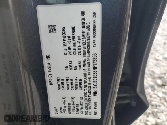 2022 Tesla Model 3 Long Range with VIN 5YJ3E1EB8NF172896, listed as a Copart auction lot 50211025 with Not Provided miles and Salvage Title. Bid and sale history available at DreamBid. Image 13.