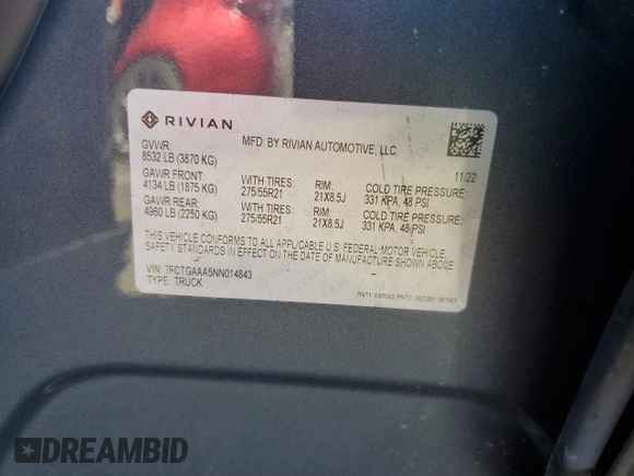 2022 Rivian R1T Adventure z VIN 7FCTGAAA5NN014843, wystawiony jako Copart lot #47668545 z przebiegiem 42 640 mil mil oraz Szkody całkowita. Historia ofert i sprzedaży dostępna na DreamBid. Obrazek 13.