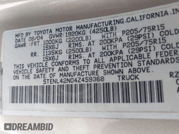 2004 Toyota Tacoma with VIN 5TENL42N04Z459368, listed as a IAAI auction lot 42585136 with 152,694 mi miles and . Bid and sale history available at DreamBid. Image 9.