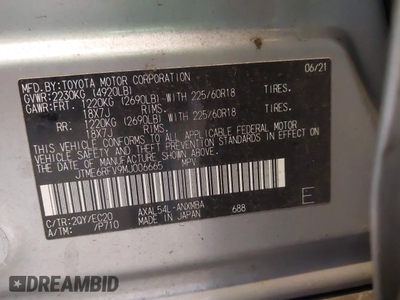 2021 Toyota RAV4 Hybrid XSE with VIN JTME6RFV9MJ006665, listed as a IAAI auction lot 41964182 with 61,654 mi miles and . Bid and sale history available at DreamBid. Image 9.