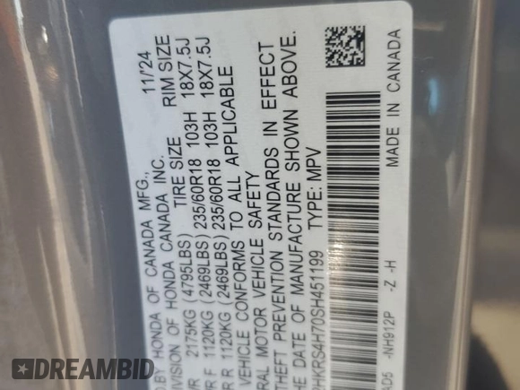 2025 Honda CR-V EX-L with VIN 2HKRS4H70SH451199, listed as a Copart auction lot 48839745 with 4,123 mi miles and Salvage Title. Bid and sale history available at DreamBid. Image 15.