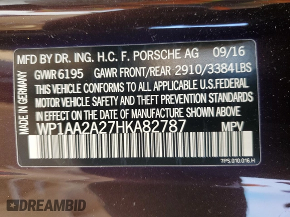 2017 Porsche Cayenne z VIN WP1AA2A27HKA82787, wystawiony jako Copart lot #57908165 z przebiegiem 47 031 mil mil oraz Szkoda całkowita • Salvage title. Historia ofert i sprzedaży dostępna na DreamBid. Obrazek 14.