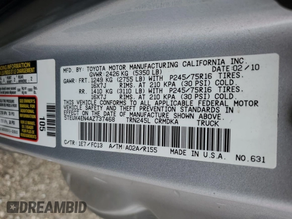 2010 Toyota Tacoma with VIN 5TEUX4EN4AZ737468, listed as a Copart auction lot 86088944 with 179,504 mi miles and Salvage Title. Bid and sale history available at carsss.com. Image 13.