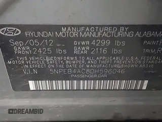 2013 Hyundai Sonata GLS with VIN 5NPEB4AC8DH596046, listed as a IAAI auction lot 41872932 with 125,899 mi miles and . Bid and sale history available at DreamBid. Image 9.