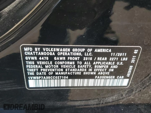 2012 Volkswagen Passat SE with VIN 1VWBP7A35CC027104, listed as a Copart auction lot 53290725 with 97,773 mi miles and Salvage Title. Bid and sale history available at carsss.com. Image 12.