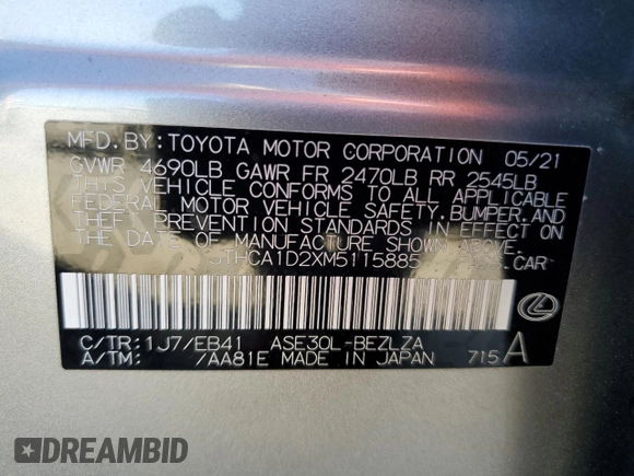 2021 Lexus IS 300 with VIN JTHCA1D2XM5115885, listed as a Copart auction lot 84969564 with 13,320 mi miles and Salvage title. Bid and sale history available at DreamBid. Image 13.