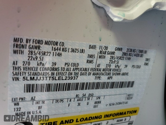 2020 Lincoln Navigator Black Label z VIN 5LMJJ3TT5LEL23937, wystawiony jako Copart lot #54434155 z przebiegiem 22 437 mil mil oraz Szkoda całkowita • Salvage title. Historia ofert i sprzedaży dostępna na DreamBid. Obrazek 14.