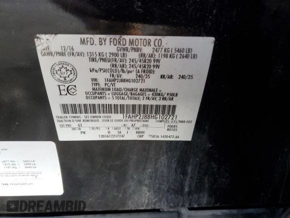 2017 Ford Taurus Limited with VIN 1FAHP2J88HG102721, listed as a Copart auction lot 77889724 with 108,224 mi miles and Salvage Title. Bid and sale history available at DreamBid. Image 12.