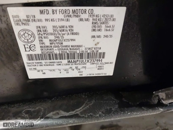 2018 Ford EcoSport SE with VIN MAJ6P1UL7JC237994, listed as a IAAI auction lot 41568744 with NaN miles. Bid and sale history available at carsss.com. Image 9.