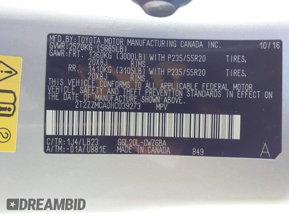 2017 Lexus RX 350 with VIN 2T2ZZMCA0HC039273, listed as a IAAI auction lot 41772036 with 98,466 mi miles and . Bid and sale history available at DreamBid. Image 9.