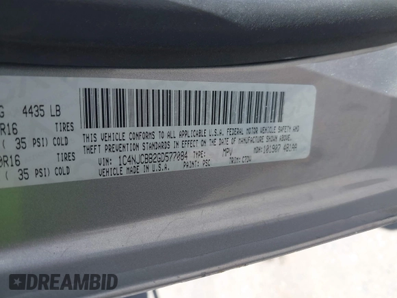 2016 Jeep Compass Sport with VIN 1C4NJCBB2GD577084, listed as a IAAI auction lot 42572348 with 164,234 mi miles and . Bid and sale history available at DreamBid. Image 9.