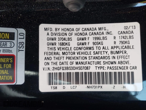 2013 Honda Civic LX with VIN 2HGFG3B53DH507087, listed as a IAAI auction lot 42133508 with 80,368 mi miles and . Bid and sale history available at DreamBid. Image 9.