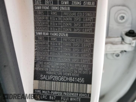 2013 Land Rover Range Rover Evoque Pure Plus with VIN SALVP2BG6DH841456, listed as a Copart auction lot 51354185 with 100,547 mi miles and Salvage title. Bid and sale history available at DreamBid. Image 15.