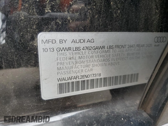 2014 Audi A4 Premium z VIN WAUAFAFL2EN017318, wystawiony jako Copart lot #56586795 z przebiegiem 87 717 mil mil oraz Szkoda całkowita • Salvage title. Historia ofert i sprzedaży dostępna na DreamBid. Obrazek 12.