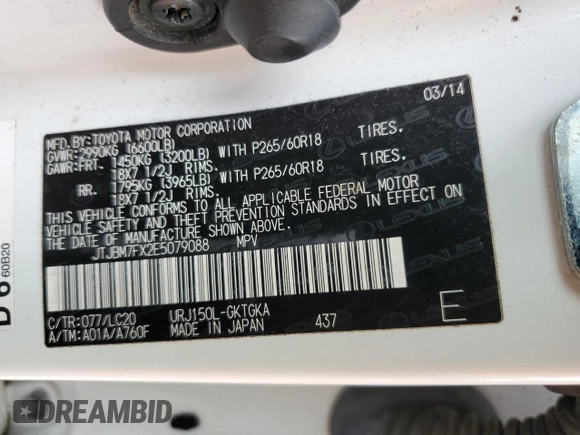2014 Lexus GX 460 with VIN JTJBM7FX2E5079088, listed as a Copart auction lot 56070915 with 129,822 mi miles and Salvage Title. Bid and sale history available at DreamBid. Image 13.