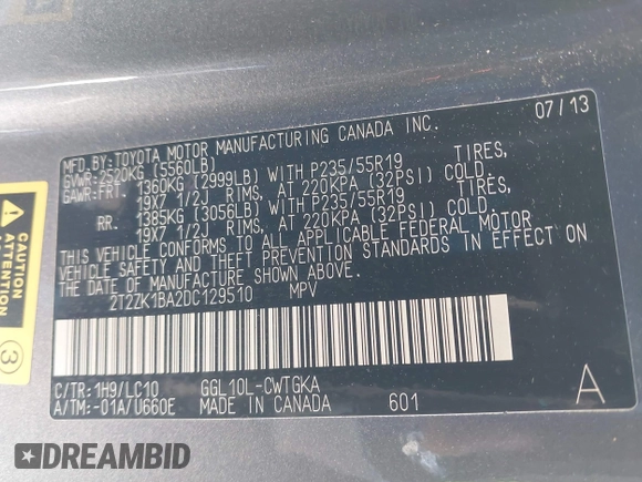 2013 Lexus RX 350 with VIN 2T2ZK1BA2DC129510, listed as a IAAI auction lot 41230897 with 96,223 mi miles and . Bid and sale history available at DreamBid. Image 9.