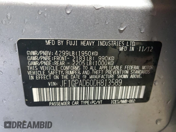 2013 Subaru Impreza Premium z VIN JF1GPAD60DH813589, wystawiony jako Copart lot #55914875 z przebiegiem 139 781 mil mil oraz Szkoda całkowita • Salvage title. Historia ofert i sprzedaży dostępna na DreamBid. Obrazek 12.