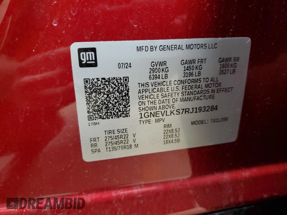 2024 Chevrolet Traverse AWD RS with VIN 1GNEVLKS7RJ193284, listed as a Copart auction lot 50638885 with 6,130 mi miles and Salvage Title. Bid and sale history available at carsss.com. Image 14.