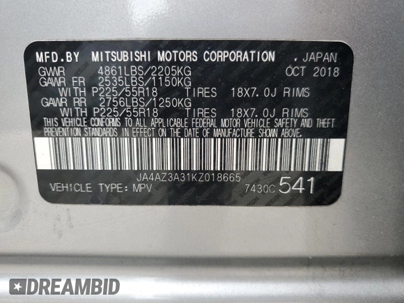 2019 Mitsubishi Outlander ES with VIN JA4AZ3A31KZ018665, listed as a Copart auction lot 63667265 with 112,955 mi miles and Clean title. Bid and sale history available at DreamBid. Image 13.