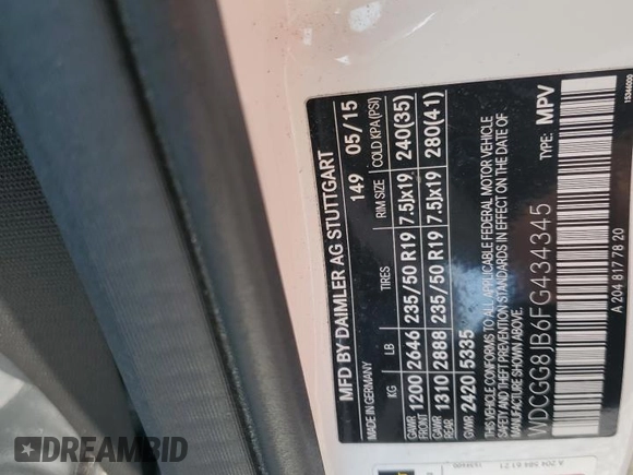 2015 Mercedes-Benz GLK 350 with VIN WDCGG8JB6FG434345, listed as a Copart auction lot 70047154 with 135,098 mi miles and Salvage Title. Bid and sale history available at DreamBid. Image 13.
