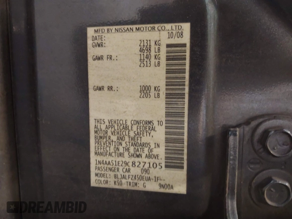 2009 Nissan Maxima S with VIN 1N4AA51E29C827105, listed as a IAAI auction lot 42445181 with 161,430 mi miles and . Bid and sale history available at DreamBid. Image 9.