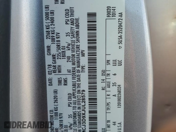 2018 Lincoln MKC Reserve z VIN 5LMCJ3D9XJUL28579, wystawiony jako Copart lot #78666184 z przebiegiem 85 635 mil mil oraz Szkoda całkowita • Salvage title. Historia ofert i sprzedaży dostępna na DreamBid. Obrazek 15.