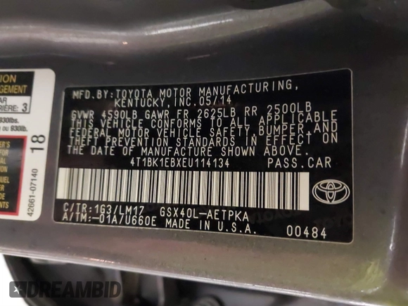 2014 Toyota Avalon Limited with VIN 4T1BK1EBXEU114134, listed as a IAAI auction lot 41727586 with 117,592 mi miles and . Bid and sale history available at DreamBid. Image 9.