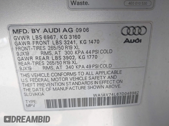 2007 Audi Q7 z VIN WA1AV74L67D046982, wystawiony jako IAAI lot #40306587 z przebiegiem 112 640 mil mil oraz . Historia ofert i sprzedaży dostępna na DreamBid. Obrazek 9.