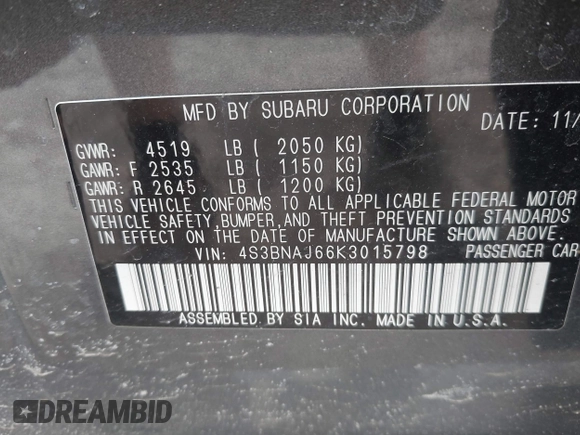2019 Subaru Legacy Limited with VIN 4S3BNAJ66K3015798, listed as a IAAI auction lot 41820445 with 109,835 mi miles. Bid and sale history available at carsss.com. Image 9.