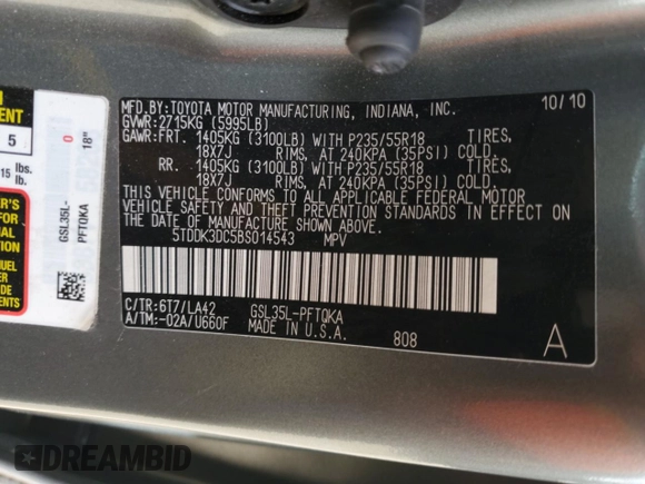 2011 Toyota Sienna XLE with VIN 5TDDK3DC5BS014543, listed as a Copart auction lot 51764155 with 155,207 mi miles and Salvage Title. Bid and sale history available at carsss.com. Image 13.