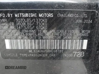 2024 Mitsubishi Mirage ES z VIN ML32AUHJ5RH018781, wystawiony jako IAAI lot #42442703 z przebiegiem 10 749 mil mil oraz . Historia ofert i sprzedaży dostępna na DreamBid. Obrazek 9.