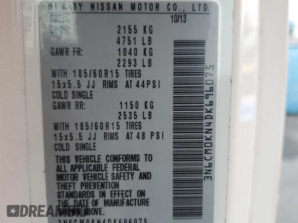 2013 Nissan NV200 SV with VIN 3N6CM0KN4DK696075, listed as a Copart auction lot 82459404 with 255,146 mi miles and Salvage title. Bid and sale history available at DreamBid. Image 14.