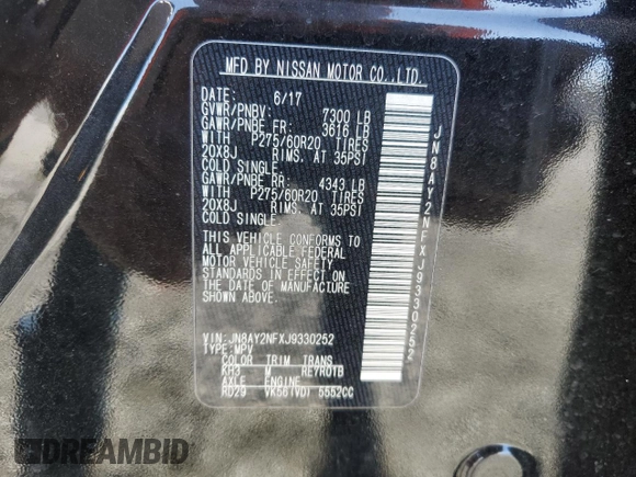 2018 Nissan Armada Platinum with VIN JN8AY2NFXJ9330252, listed as a Copart auction lot 49107385 with 125,596 mi miles and Salvage Title. Bid and sale history available at carsss.com. Image 13.