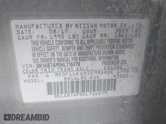 2017 Nissan Sentra SR with VIN 3N1AB7AP0HL716479, listed as a IAAI auction lot 42563054 with 112,307 mi miles and . Bid and sale history available at DreamBid. Image 9.