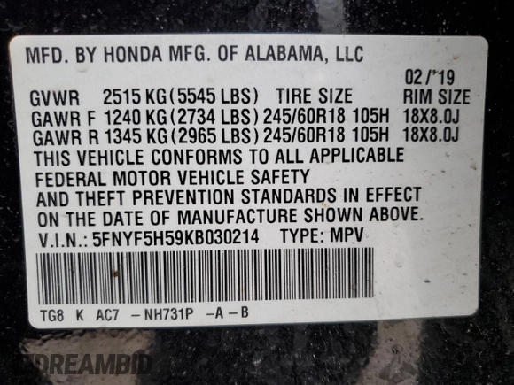 2019 Honda Pilot EX-L with VIN 5FNYF5H59KB030214, listed as a Copart auction lot 50930745 with 177,859 mi miles and Salvage title. Bid and sale history available at DreamBid. Image 16.