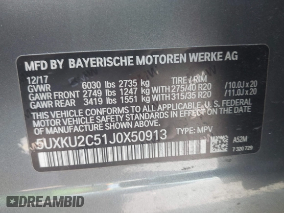 2018 BMW X6 xDrive35i z VIN 5UXKU2C51J0X50913, wystawiony jako IAAI lot #42078443 z przebiegiem Nie podano mil oraz . Historia ofert i sprzedaży dostępna na DreamBid. Obrazek 9.