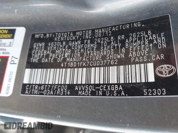 2012 Toyota Camry XLE z VIN 4T1BD1FK7CU037762, wystawiony jako IAAI lot #42253606 z przebiegiem 130 888 mil mil oraz . Historia ofert i sprzedaży dostępna na DreamBid. Obrazek 9.
