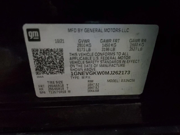 2021 Chevrolet Traverse LT Cloth with VIN 1GNEVGKW0MJ262173, listed as a Copart auction lot 46700475 with 50,532 mi miles and Salvage Title. Bid and sale history available at carsss.com. Image 14.