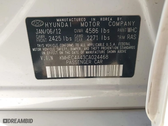 2012 Hyundai Sonata Hybrid with VIN KMHEC4A43CA024468, listed as a IAAI auction lot 41631797 with 184,547 mi miles. Bid and sale history available at carsss.com. Image 9.
